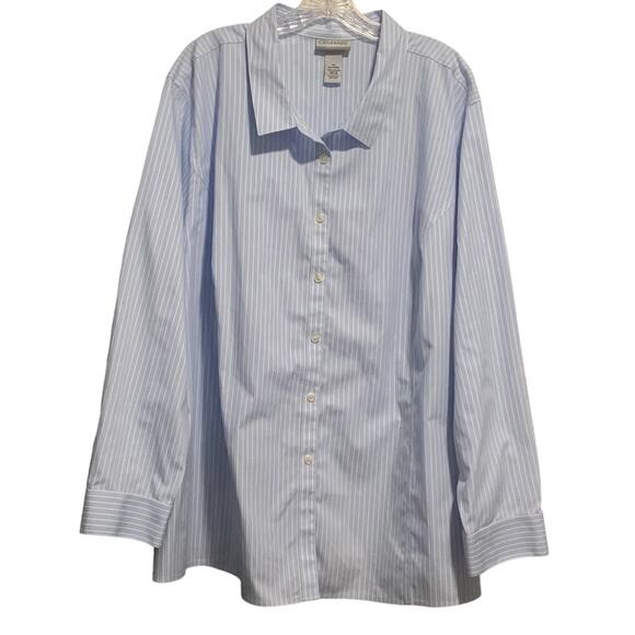 CATHERINES 4X 30/32W Non-Iron Button Down Blouse Blue Stripe 100% Cotton Preppy - Picture 1 of 6